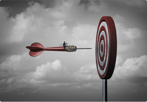 A man is shooting a dart at a target while following actionable steps.
