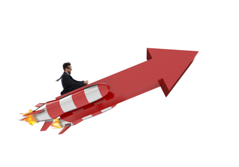 A businessman utilizing an AI Sub Task Generator to create sub tasks for his work as he rides a rocket with a red arrow.
