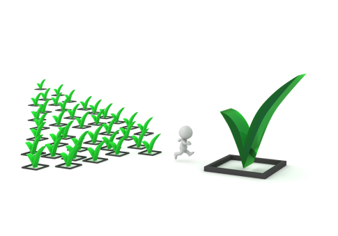 A man walking in front of small green checkmarks achieving bigger goal depicting how sub tasks help achieve your main goal.
