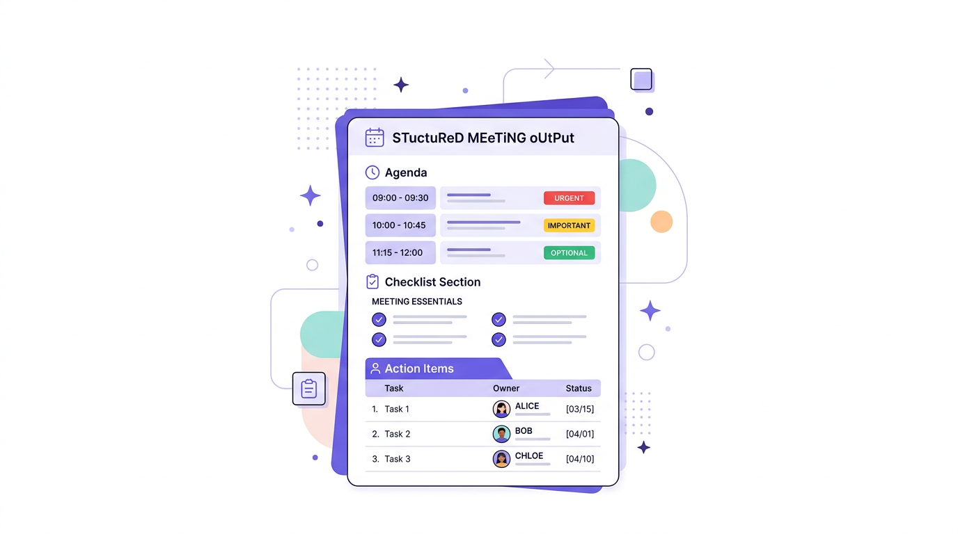 Structured time-blocked meeting agenda with priorities
